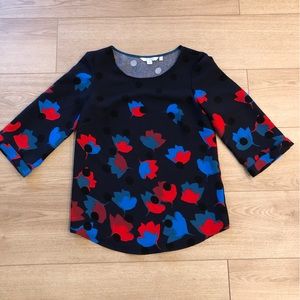 Boden Blue Red Crew Neck Three Quarter Sleeve Floral Top Blouse Size 2